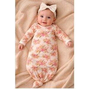 Milkbarn Organic Cotton Floral Baby Gown Newborn 3 Months Pink Cream Sleeper L2